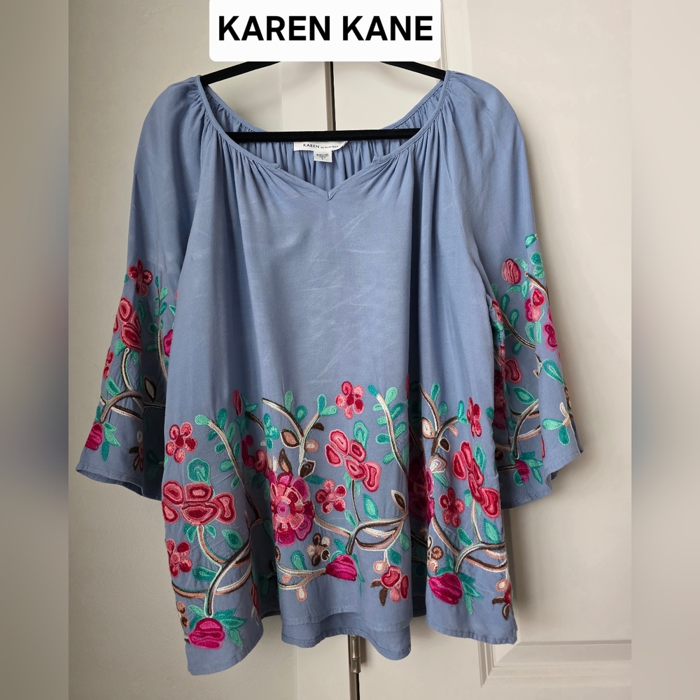 Karen Kane Peasant Chambray Blue Blouse with Colorful Floral Embroidery